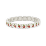 Womens silver bracelet with strawberry pattern on a white background