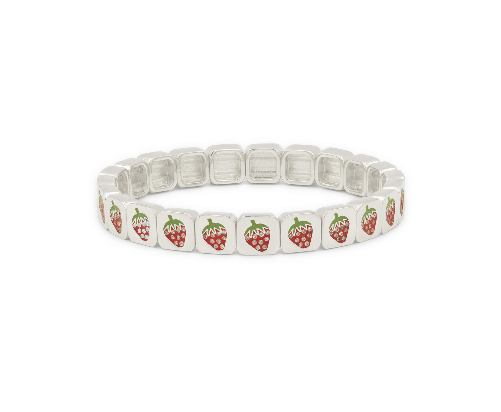 Womens silver bracelet with strawberry pattern on a white background