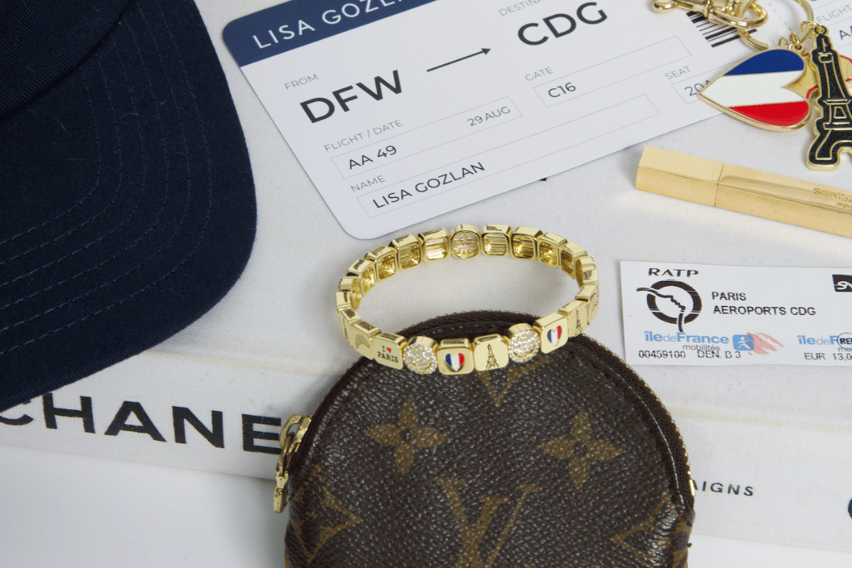 Gold bracelet with country charms on a surface with travel documents and a Chanel bag.