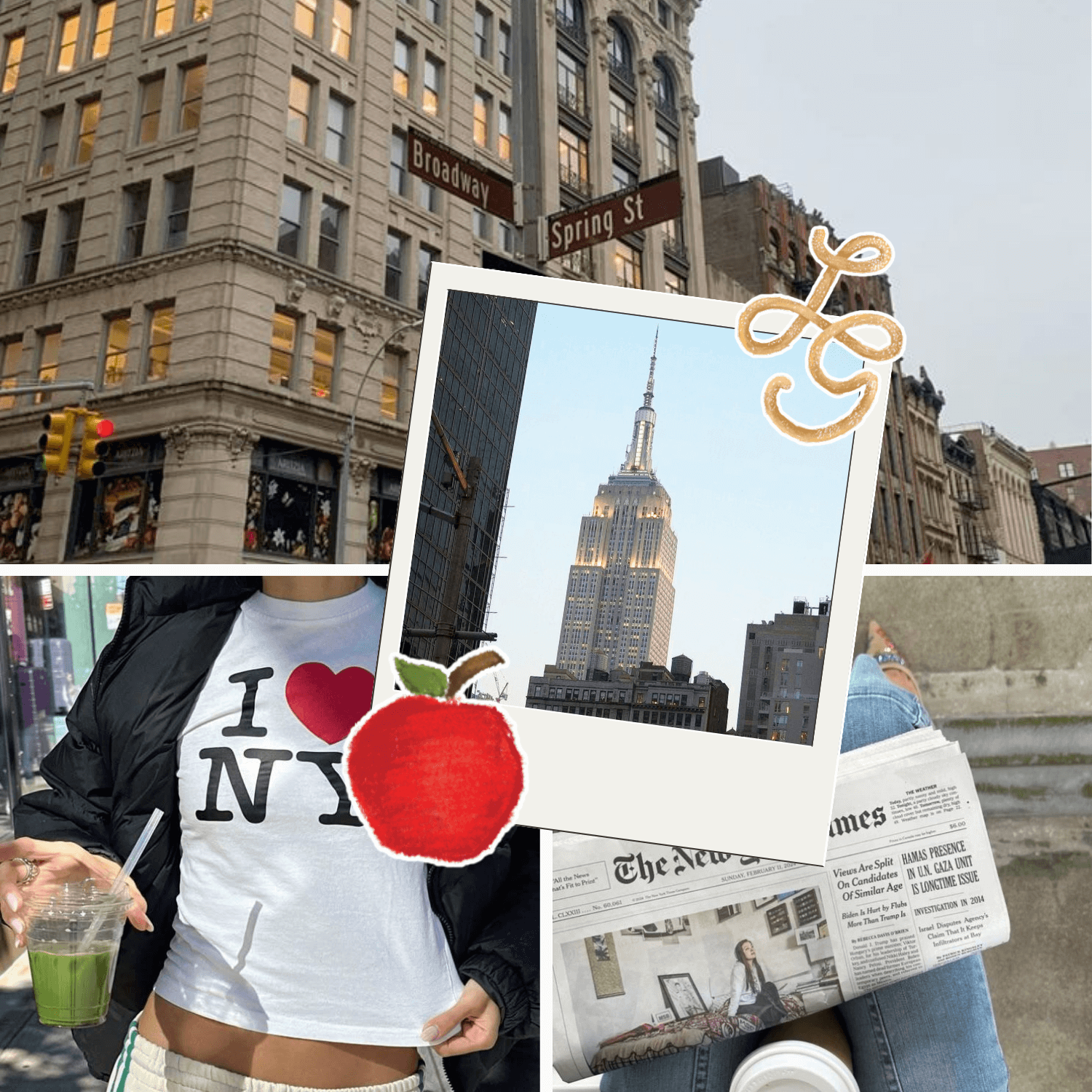 Collage of New York City scenes including a person wearing an 'I ❤️ NY' shirt, a newspaper, and the Empire State Building.