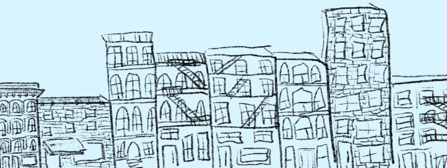 Sketch of urban buildings on a light blue background