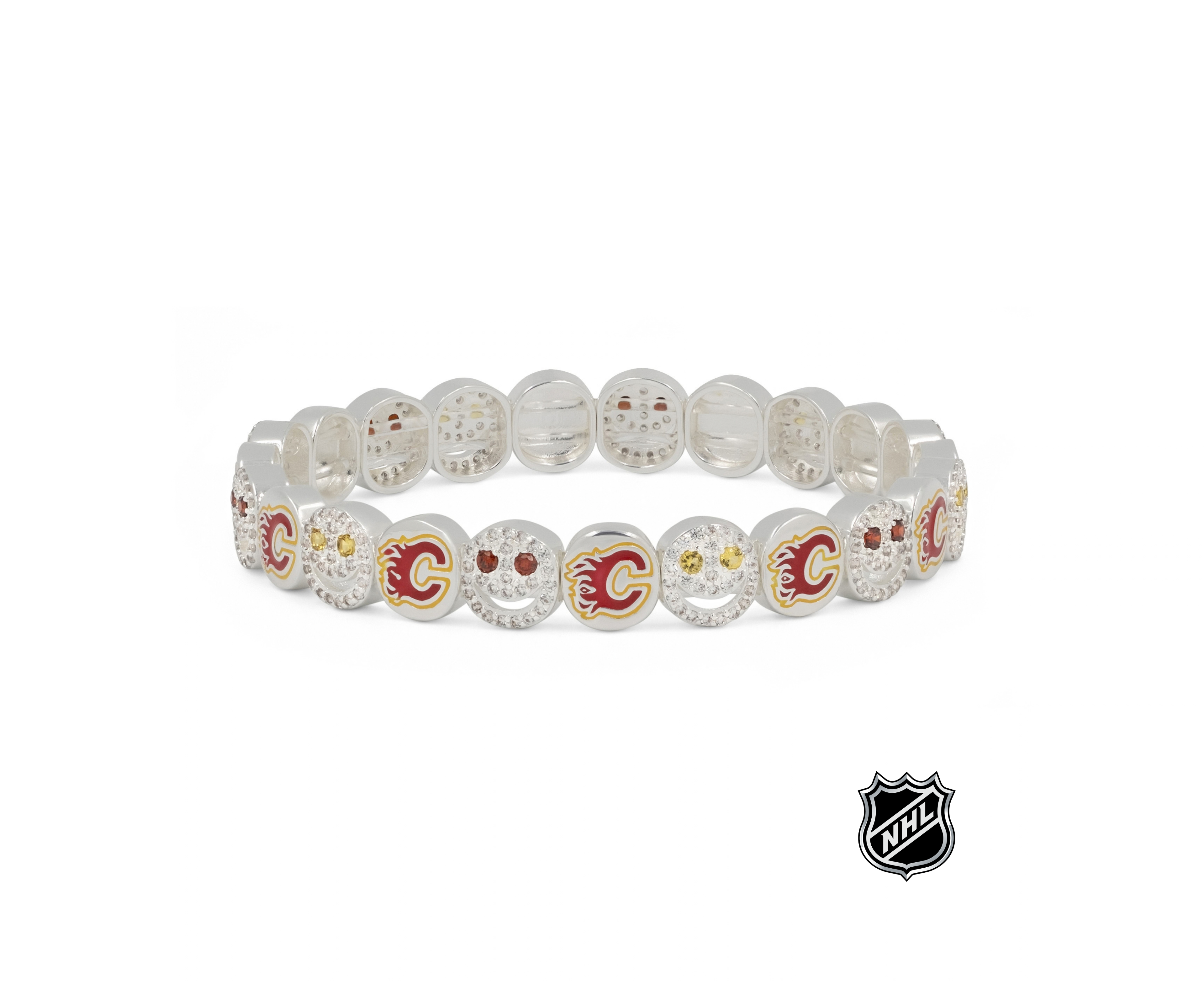 Silver NHL bracelet with red team-logo charms and small rhinestone details