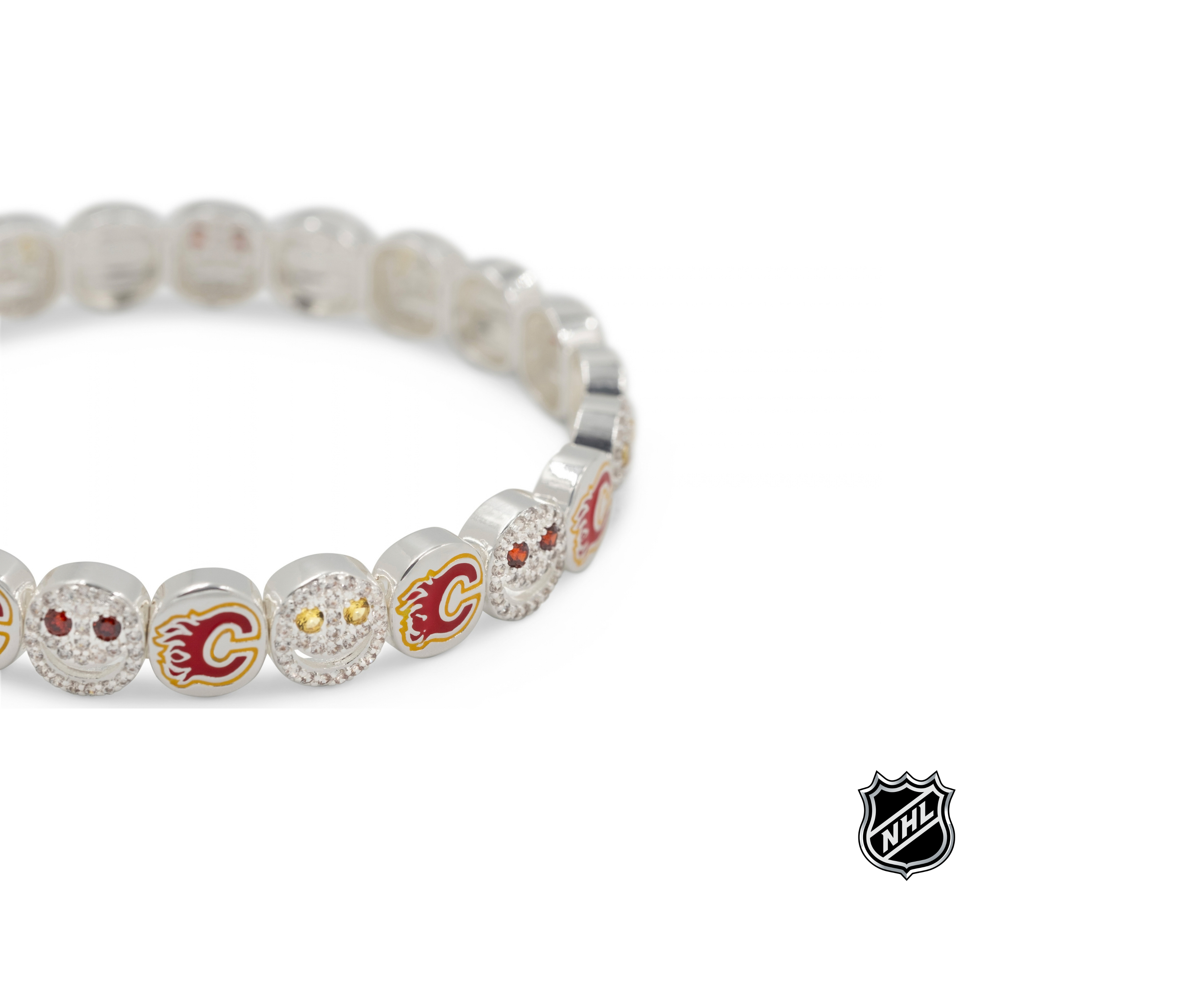 Silver NHL bracelet with red team-logo charms and rhinestone accents along band