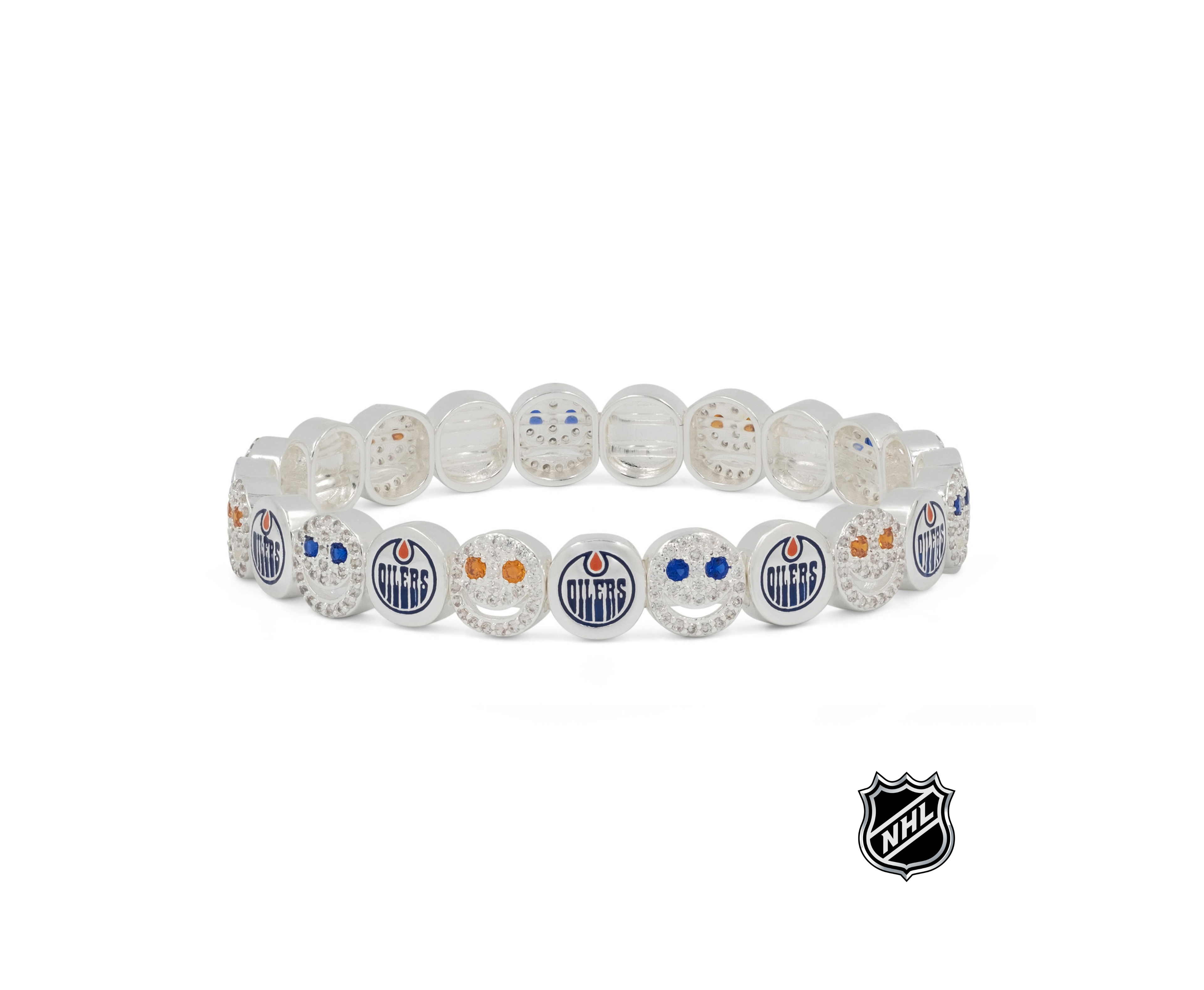 Silver NHL bracelet with multiple round team-logo charms in a line