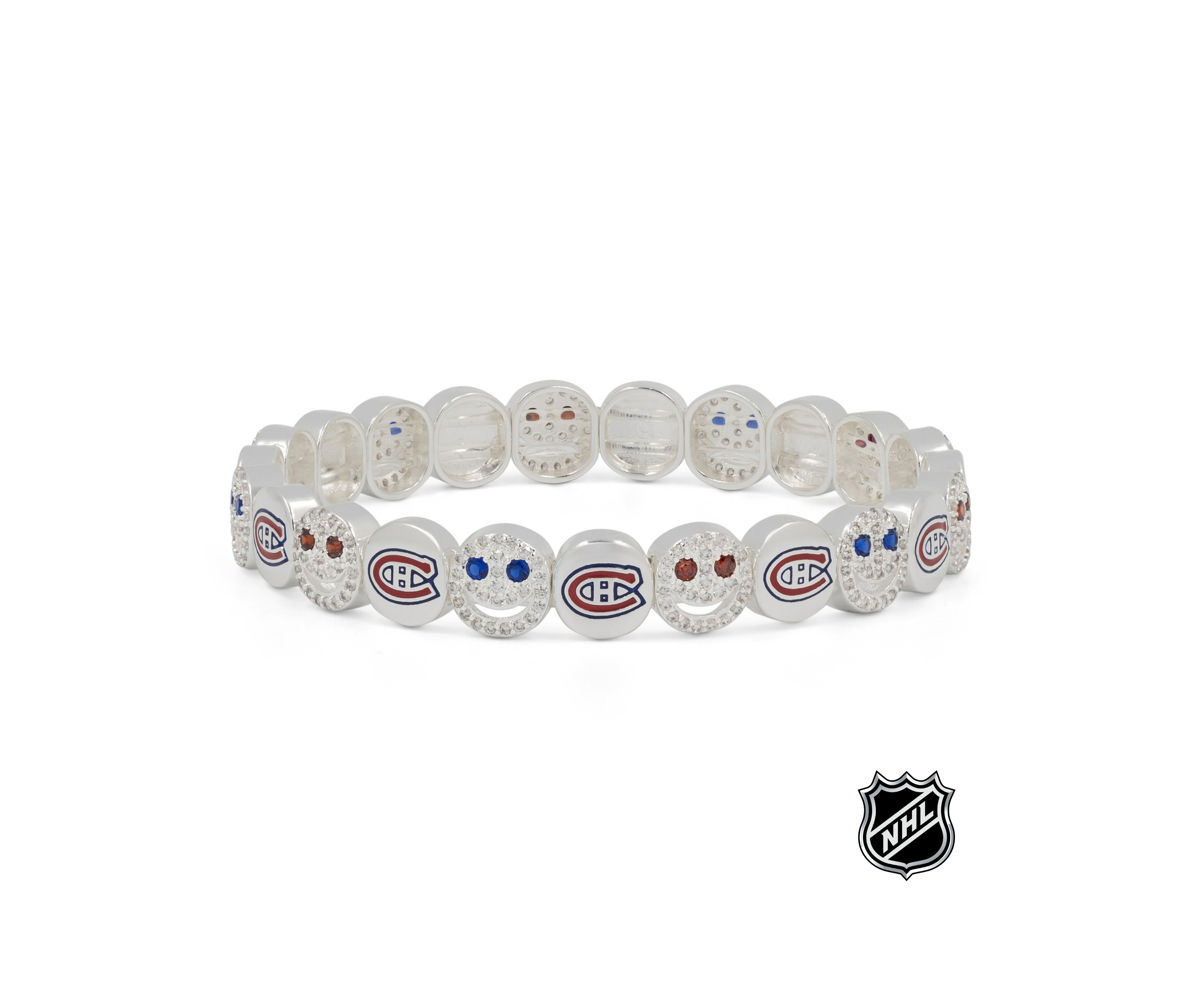 Silver-tone NHL team-logo bead bracelet with round logo beads and crystal spacers