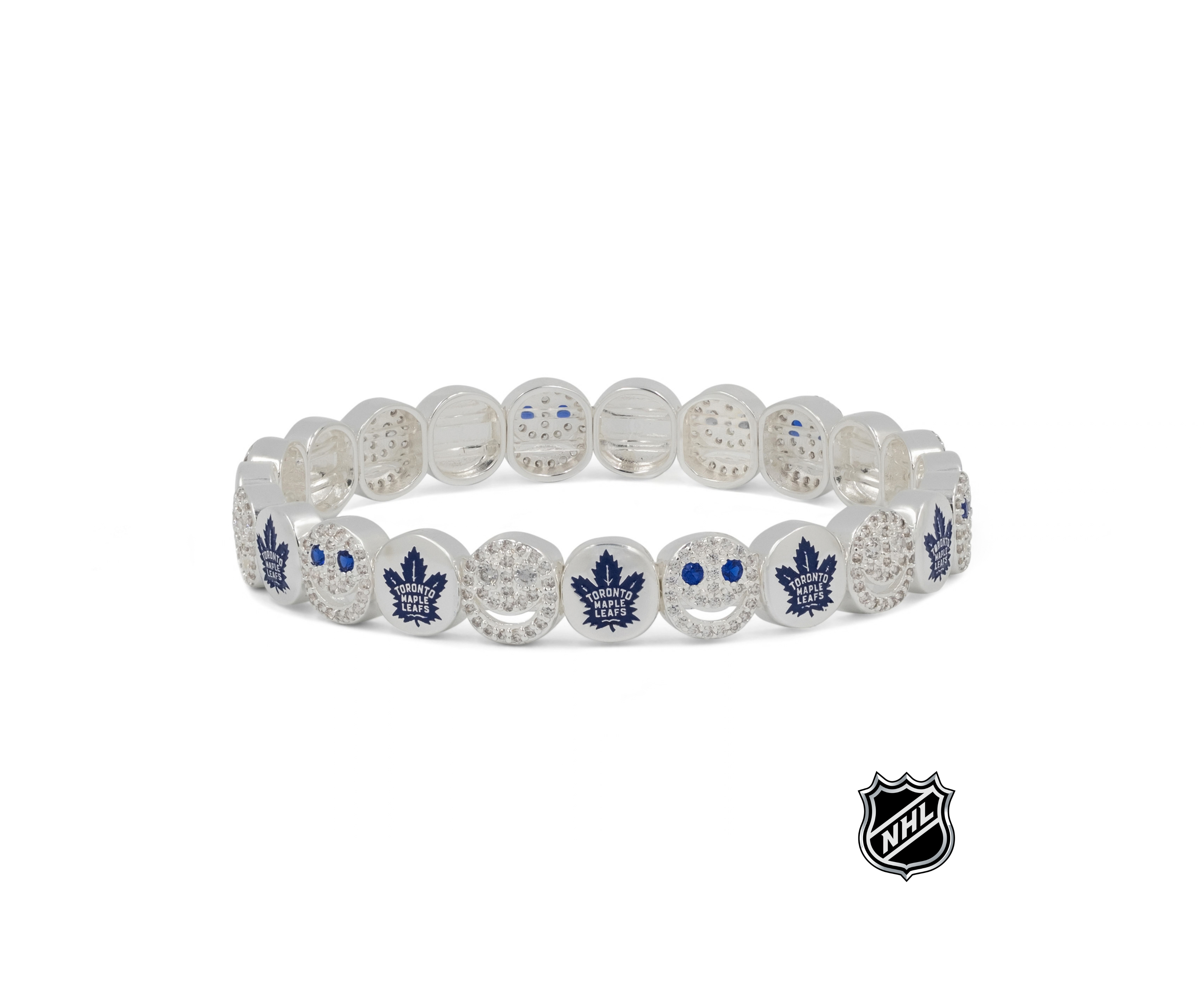 Silver-tone NHL team-logo bead bracelet with blue logo charms and clear crystal spacers