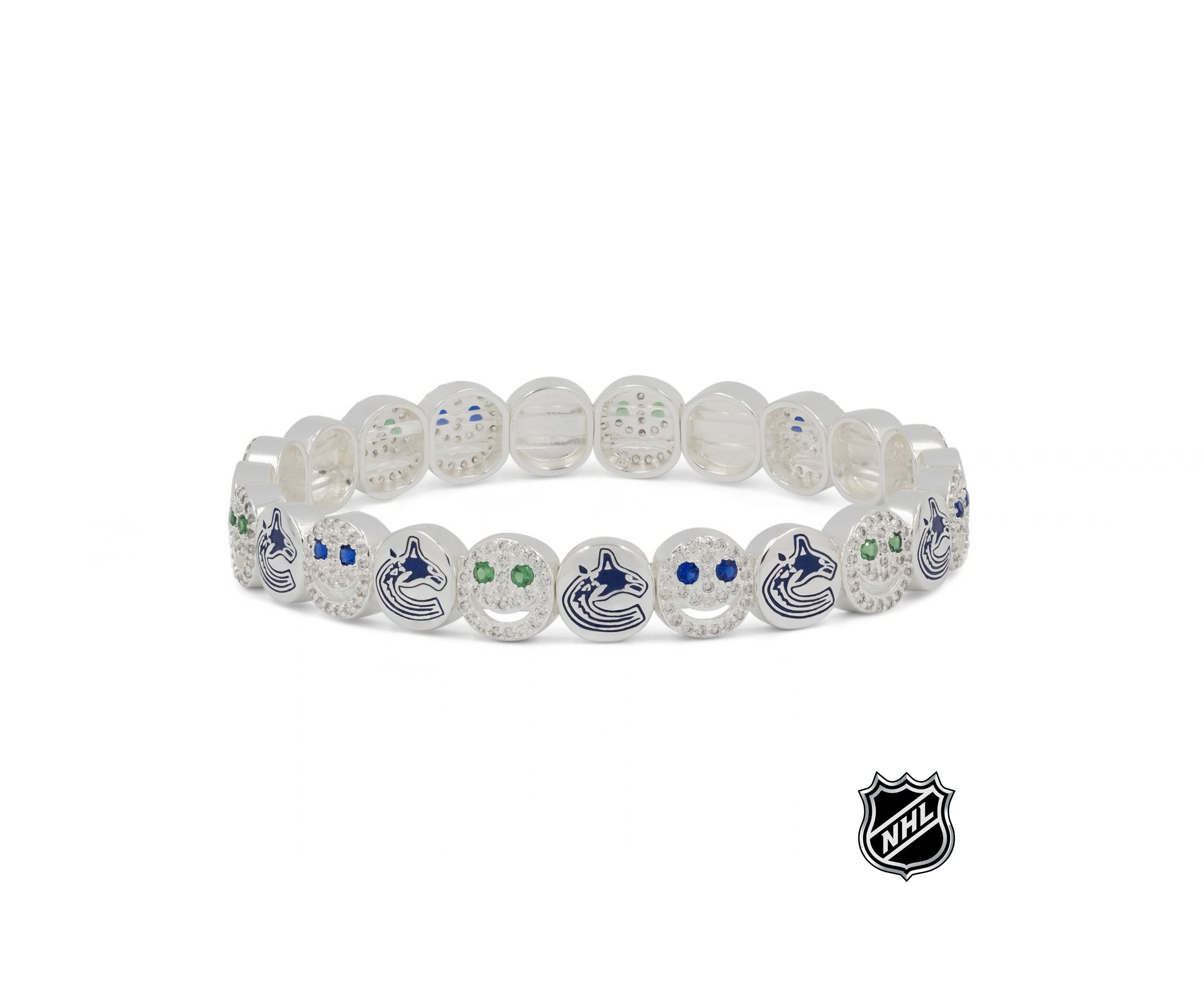 Silver-tone NHL team-logo bead bracelet with round crystal-textured spacers