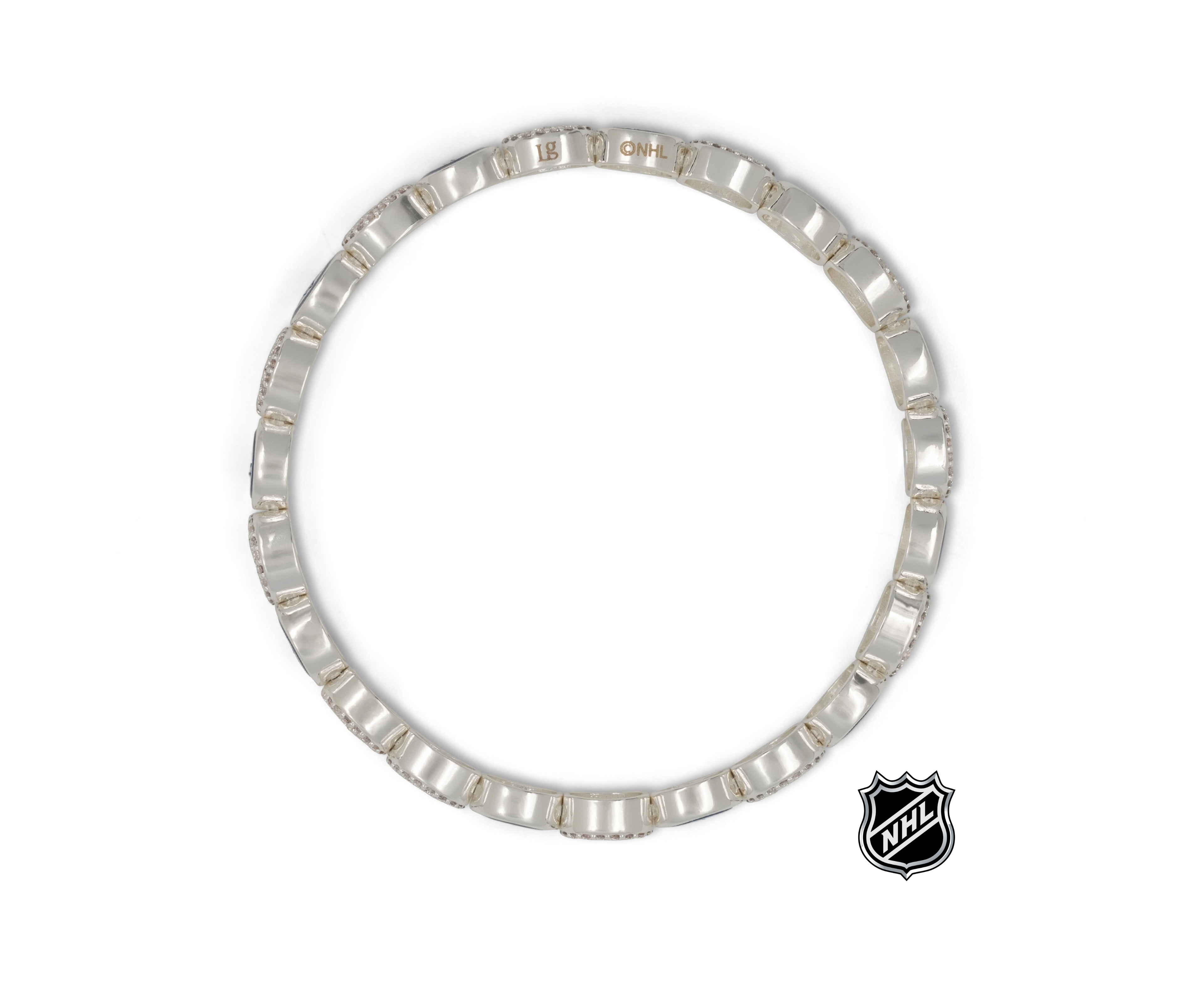 Silver NHL bracelet with hinged link chain and small NHL emblem charm at side