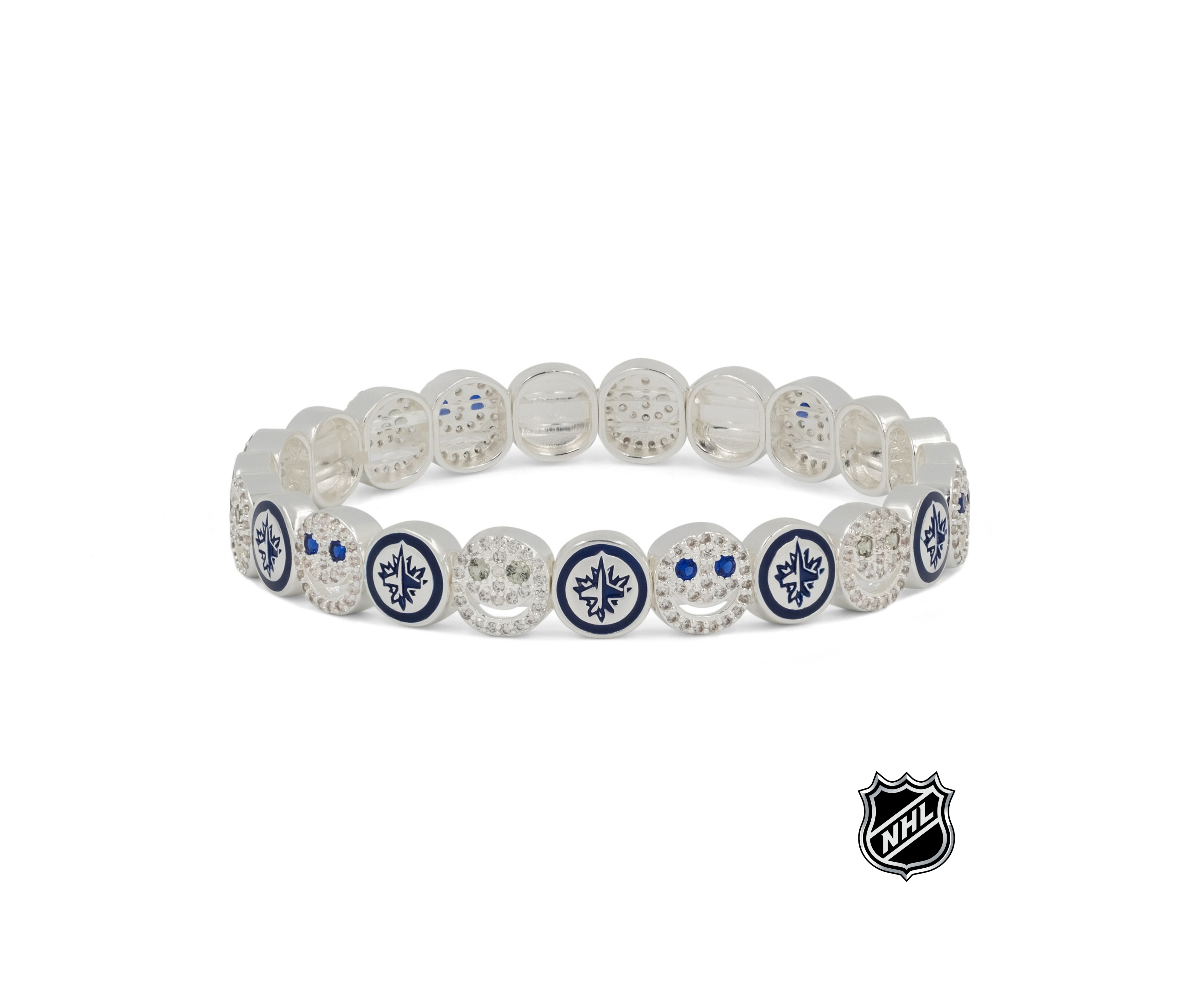 Silver-tone beaded bracelet with Winnipeg Jets blue-and-white leaf charms