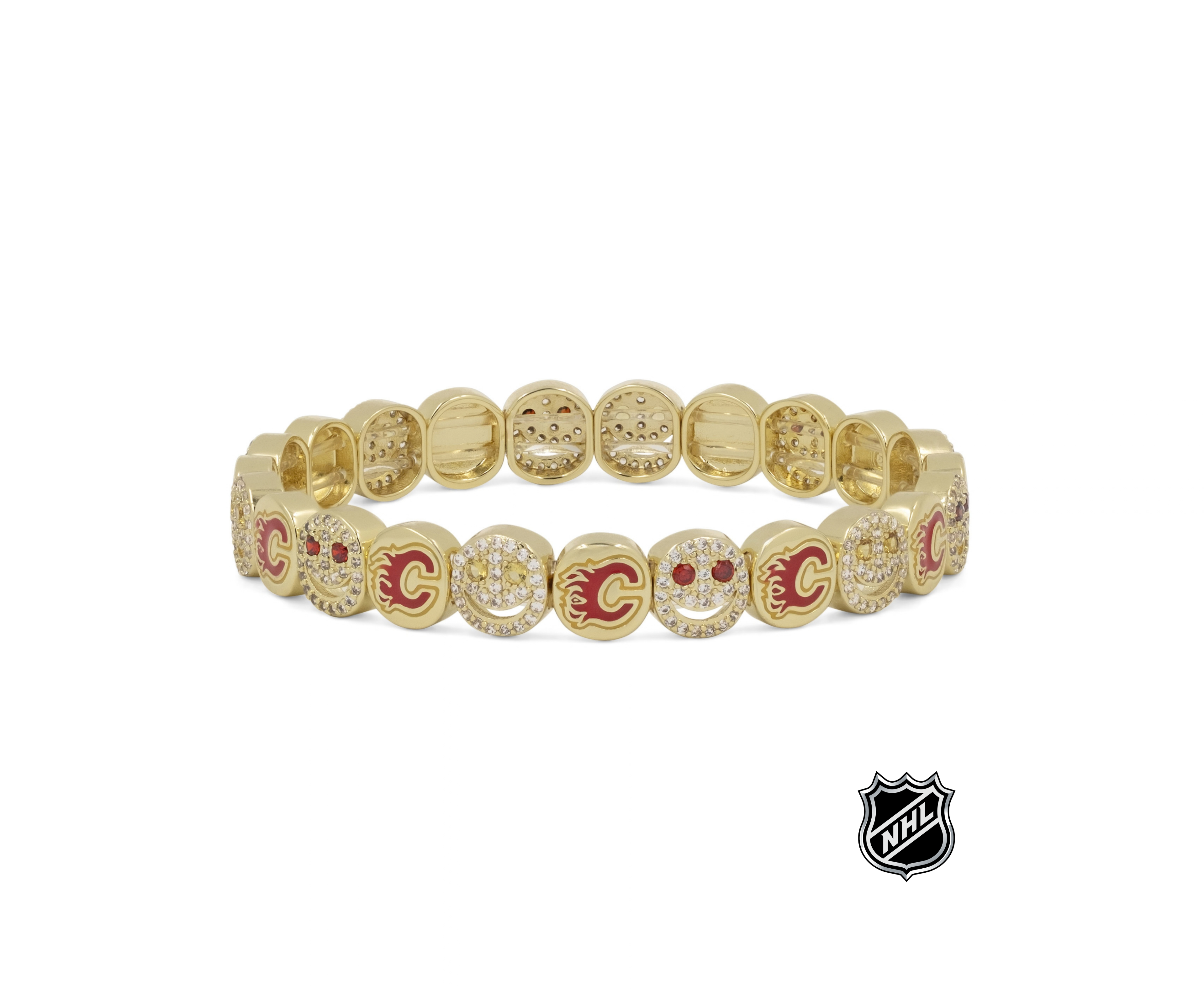 Gold-tone beaded bracelet with Calgary Flames red C and rhinestone details