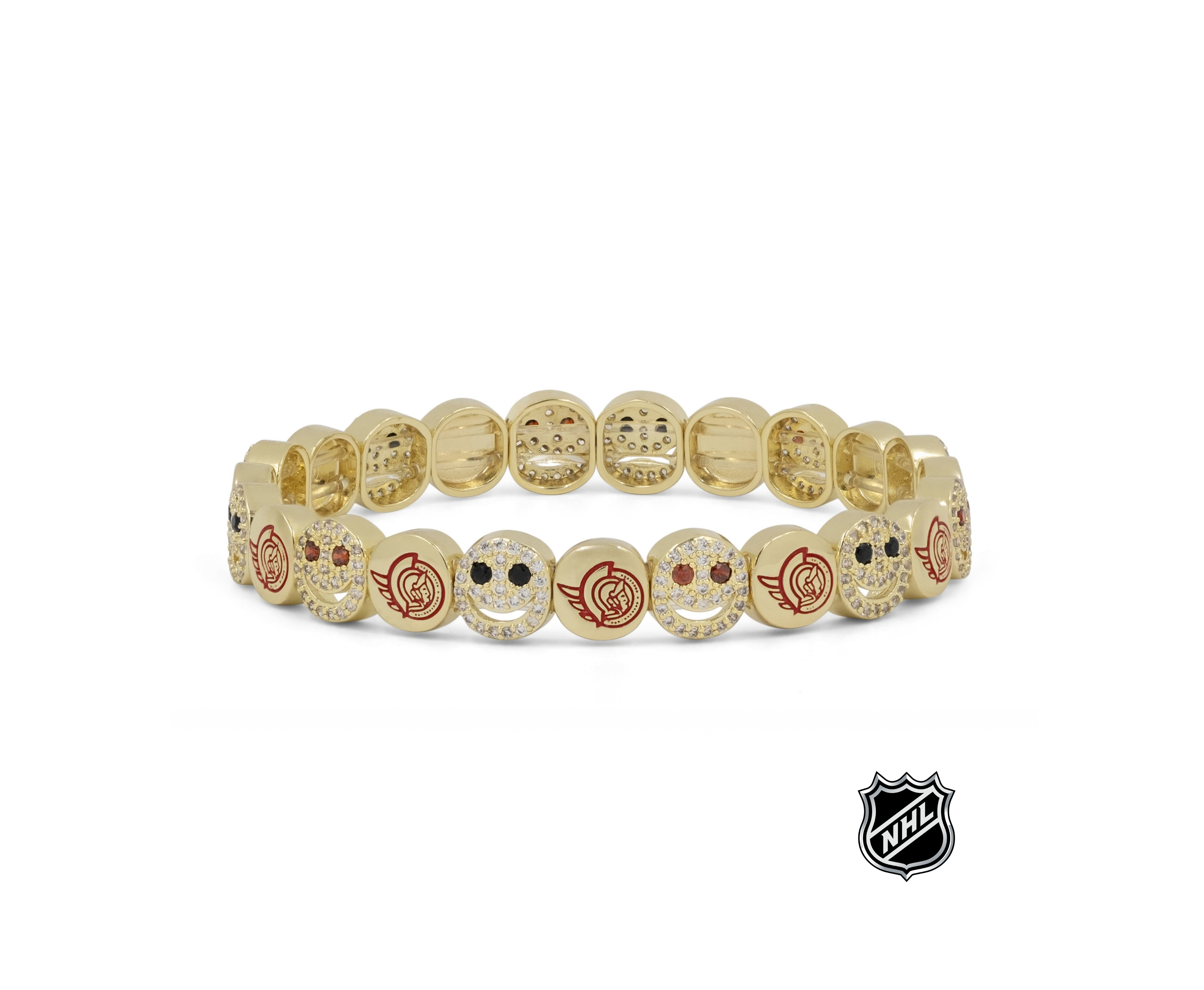 Gold NHL® bracelet with multicolor team-logo charm beads in a straight row