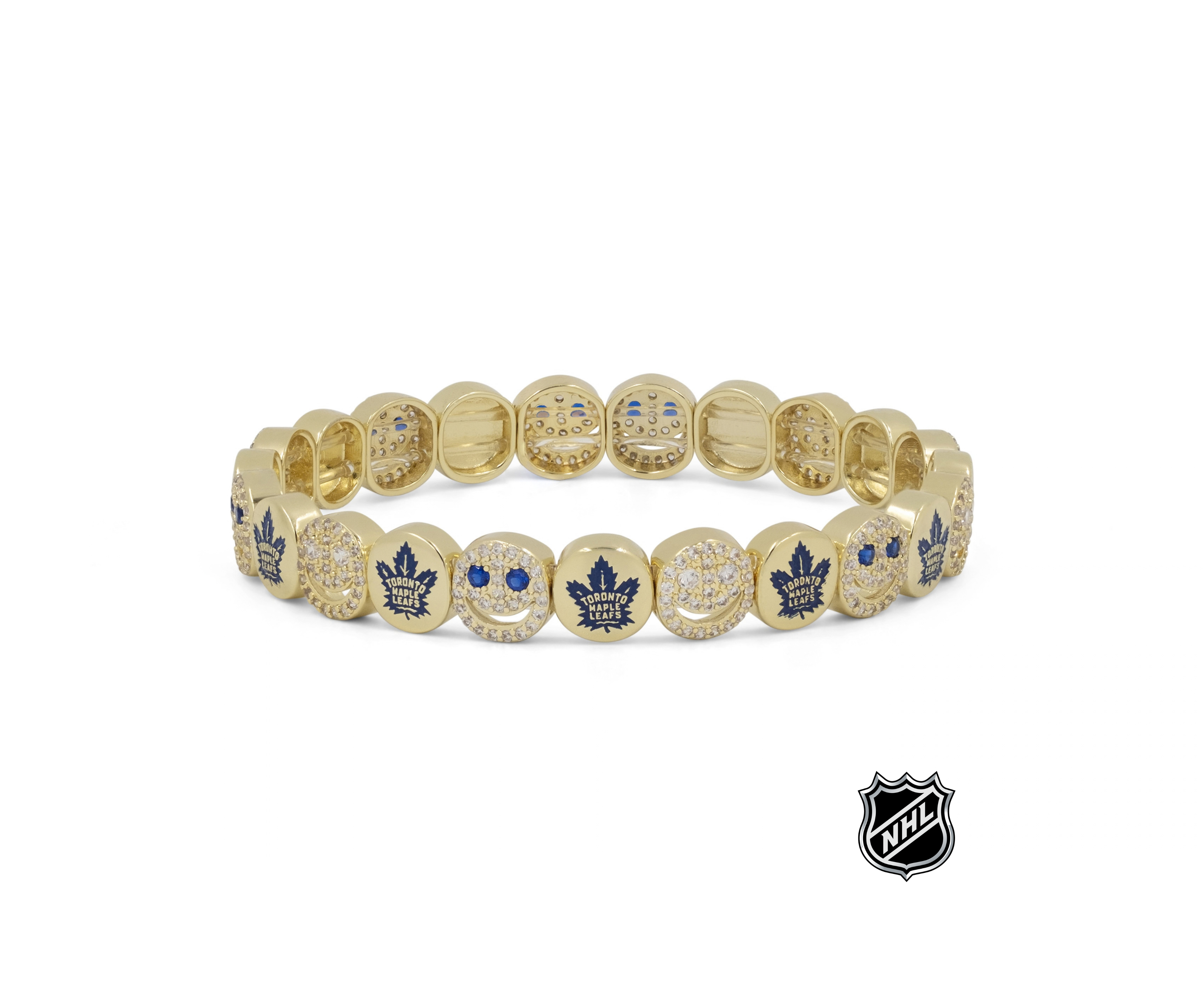 Gold-tone beaded bracelet with Toronto Maple Leafs blue leaf and rhinestone details
