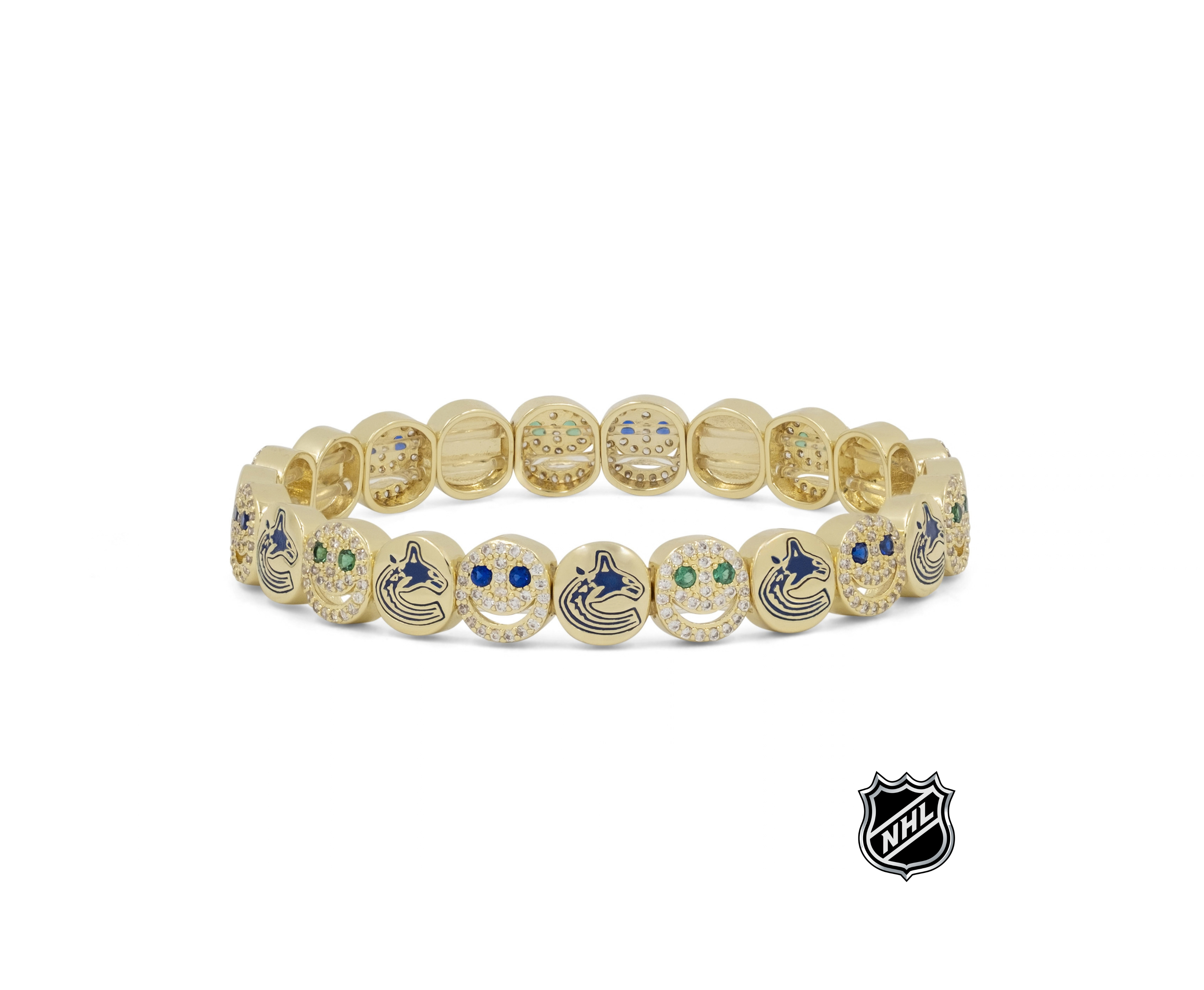 Gold NHL® bracelet with colorful team-logo charm beads and round medallions