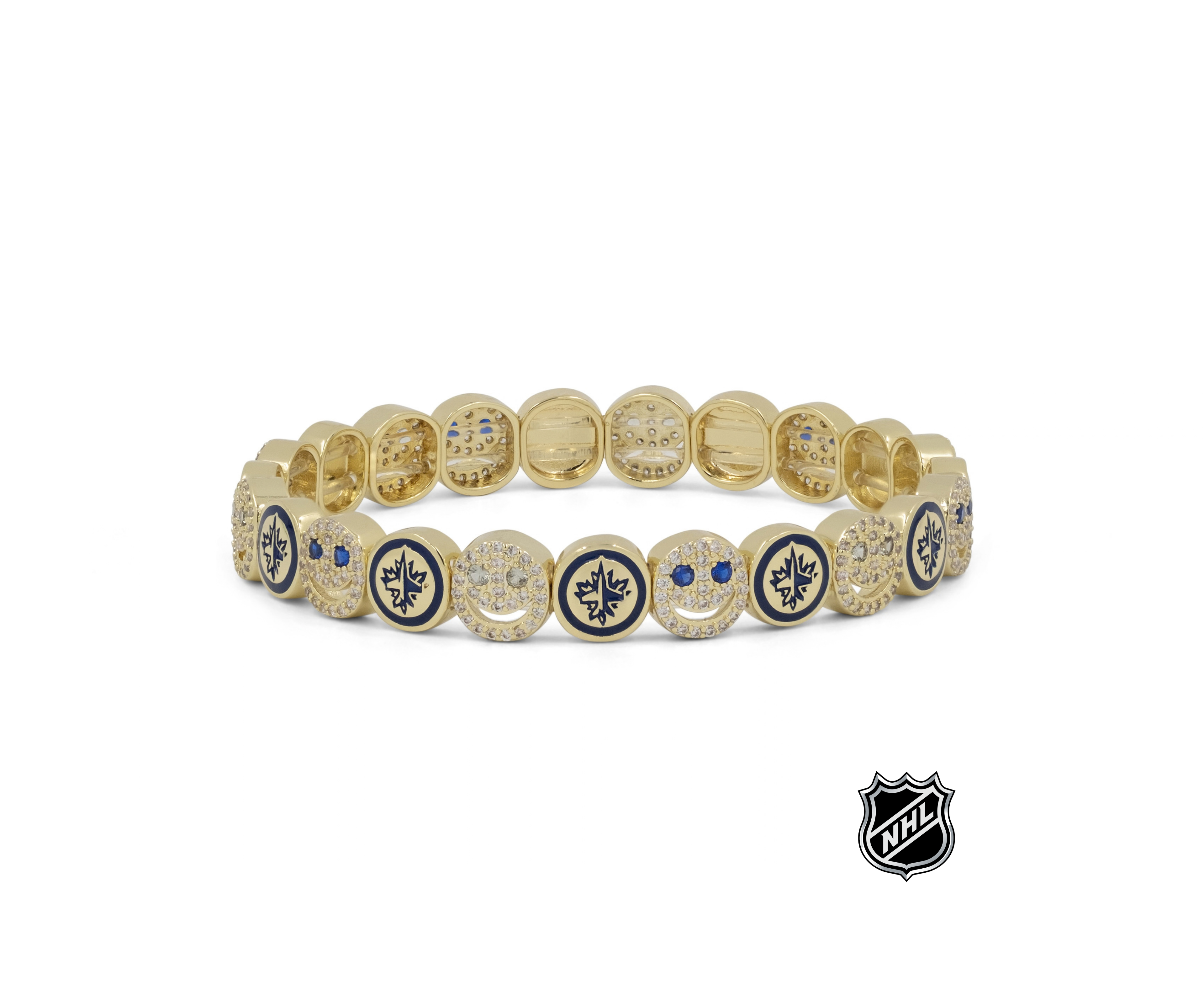 Gold-tone beaded bracelet with round NHL® crest charms and rhinestone accents