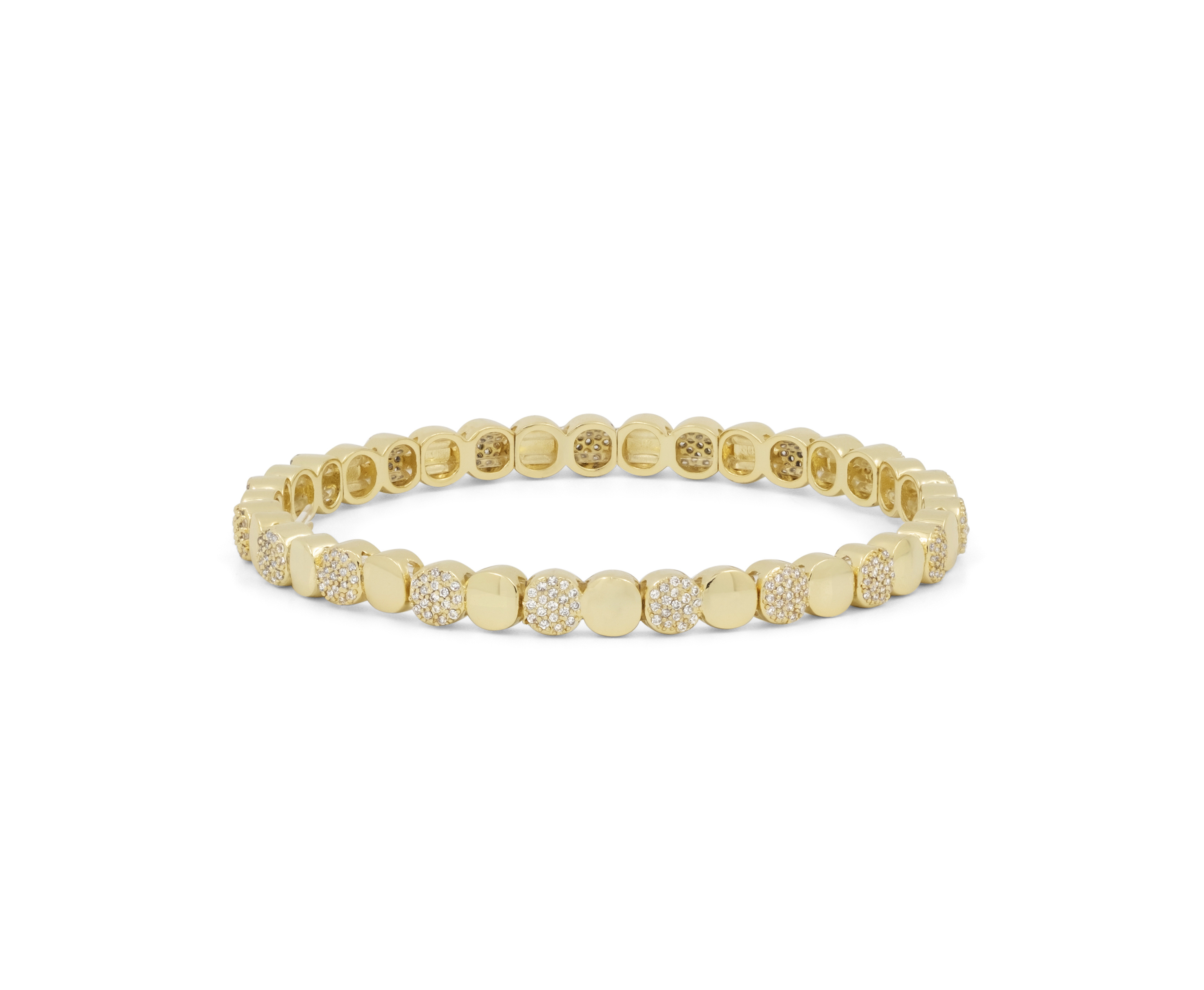 Gold round beaded bracelet with pave accents and smooth disc links