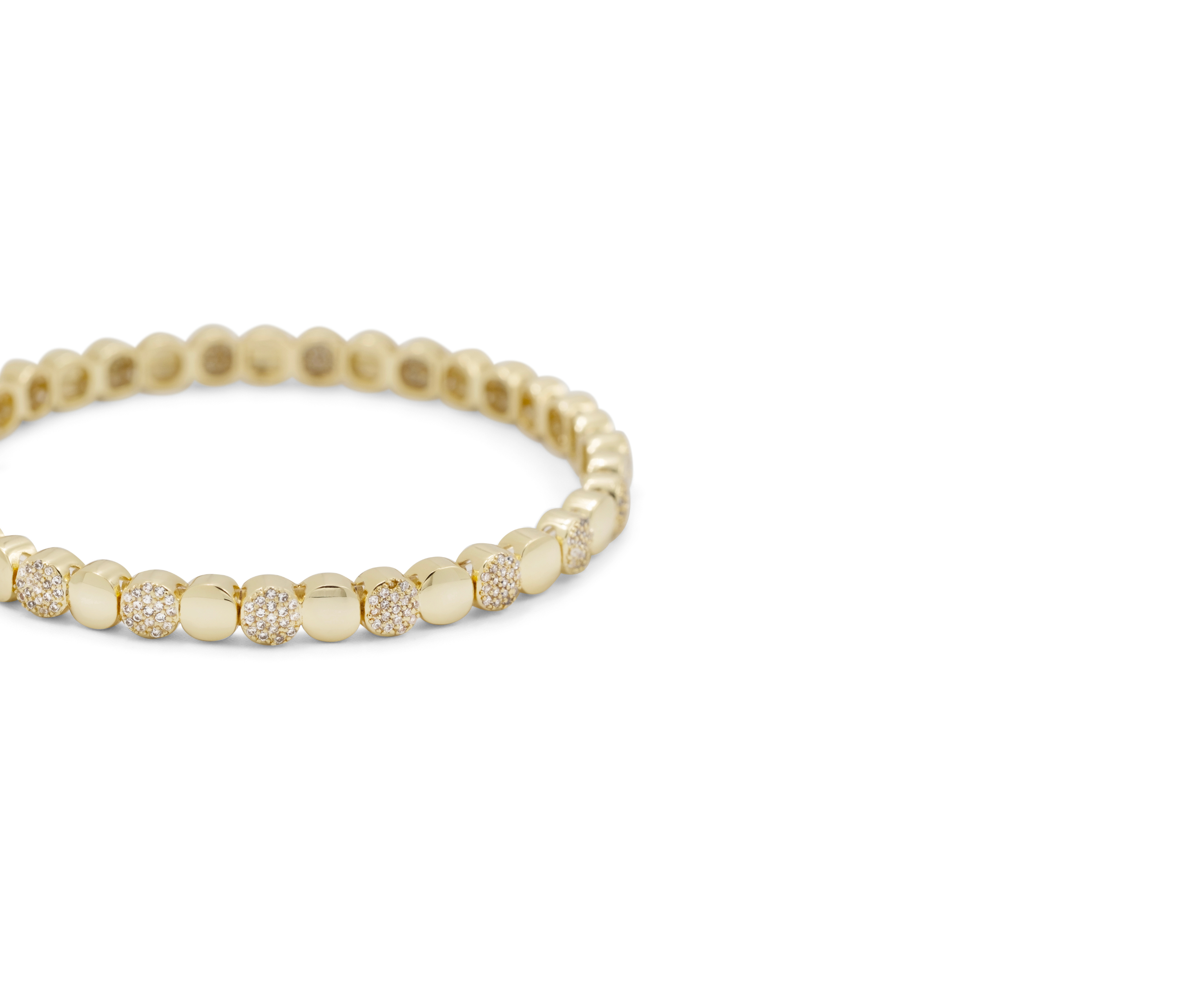 Gold round beaded bracelet close-up with pave discs and smooth bead links