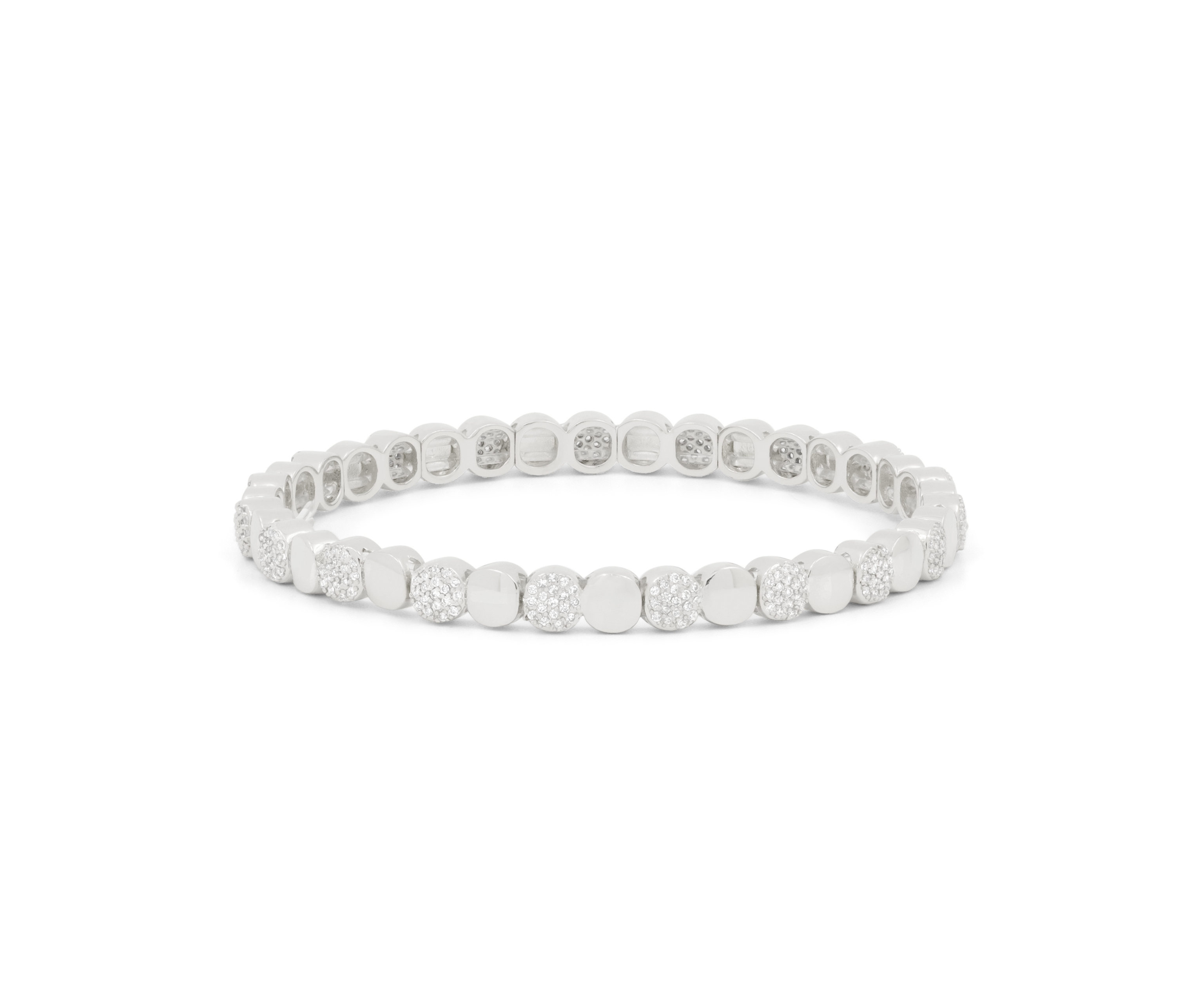 Silver round beaded bracelet with pave accents and smooth disc links