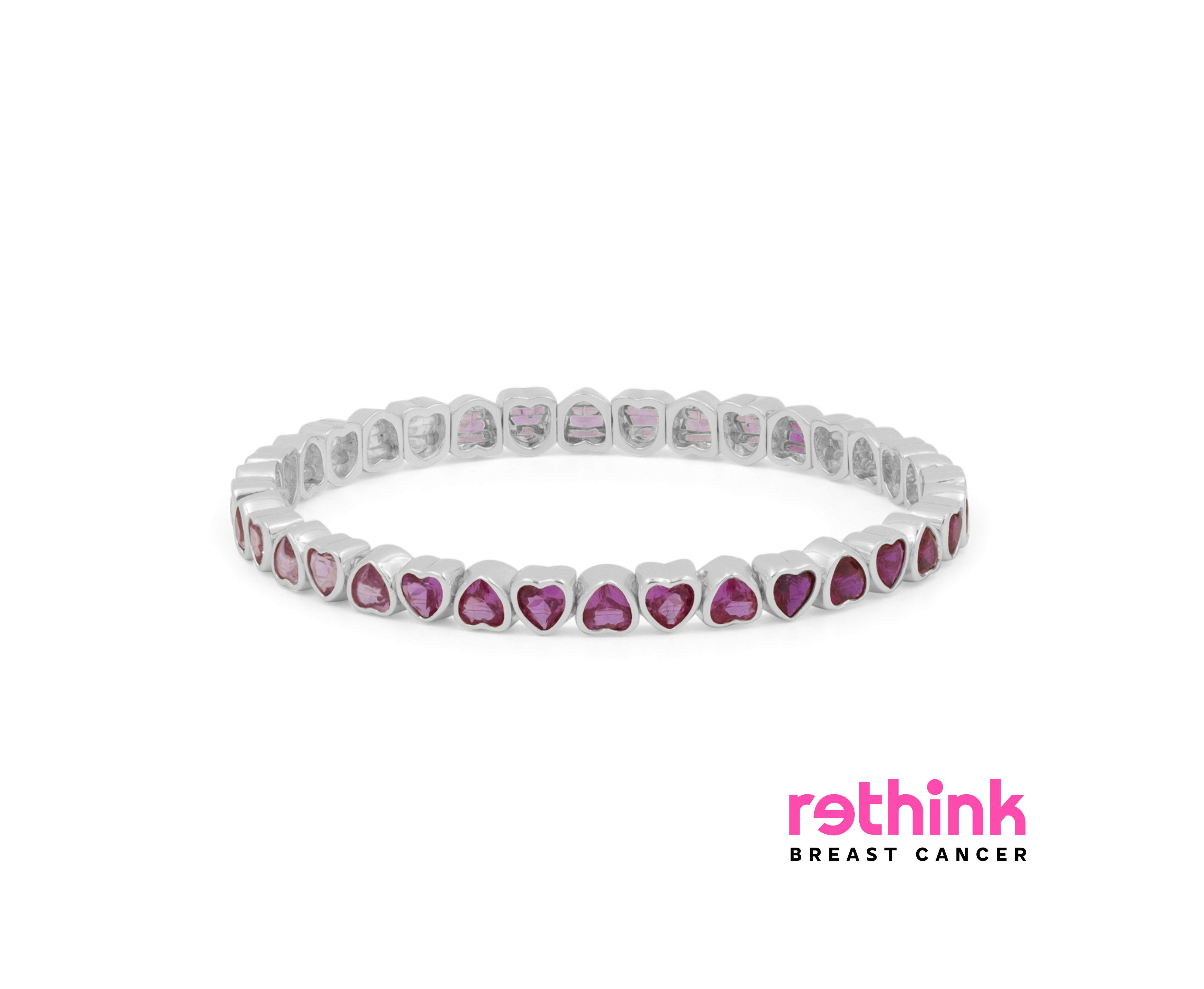 Silver heart tennis bracelet with purple heart-cut stones, flexible fit