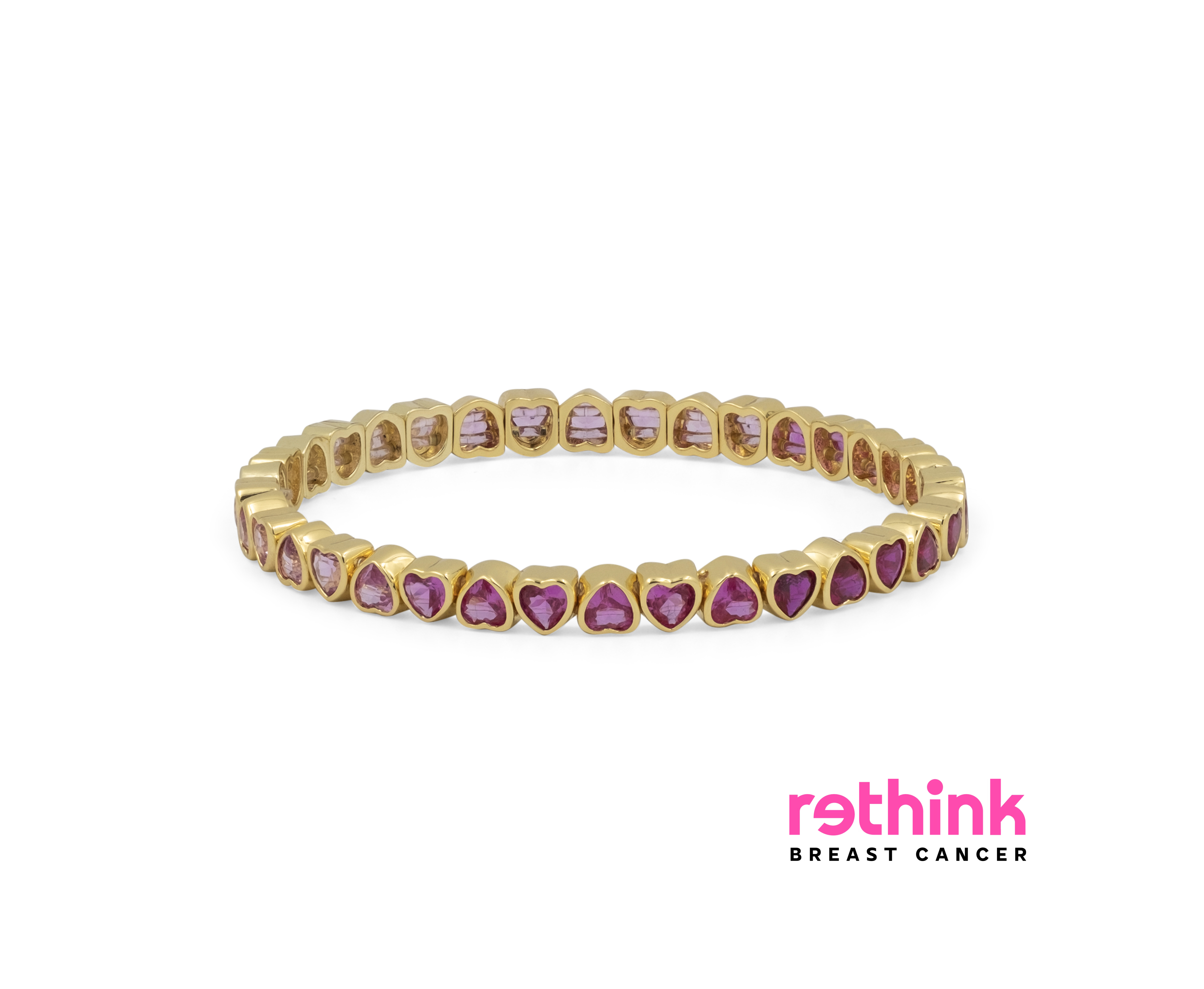 Yellow gold heart tennis bracelet with purple heart-cut stones