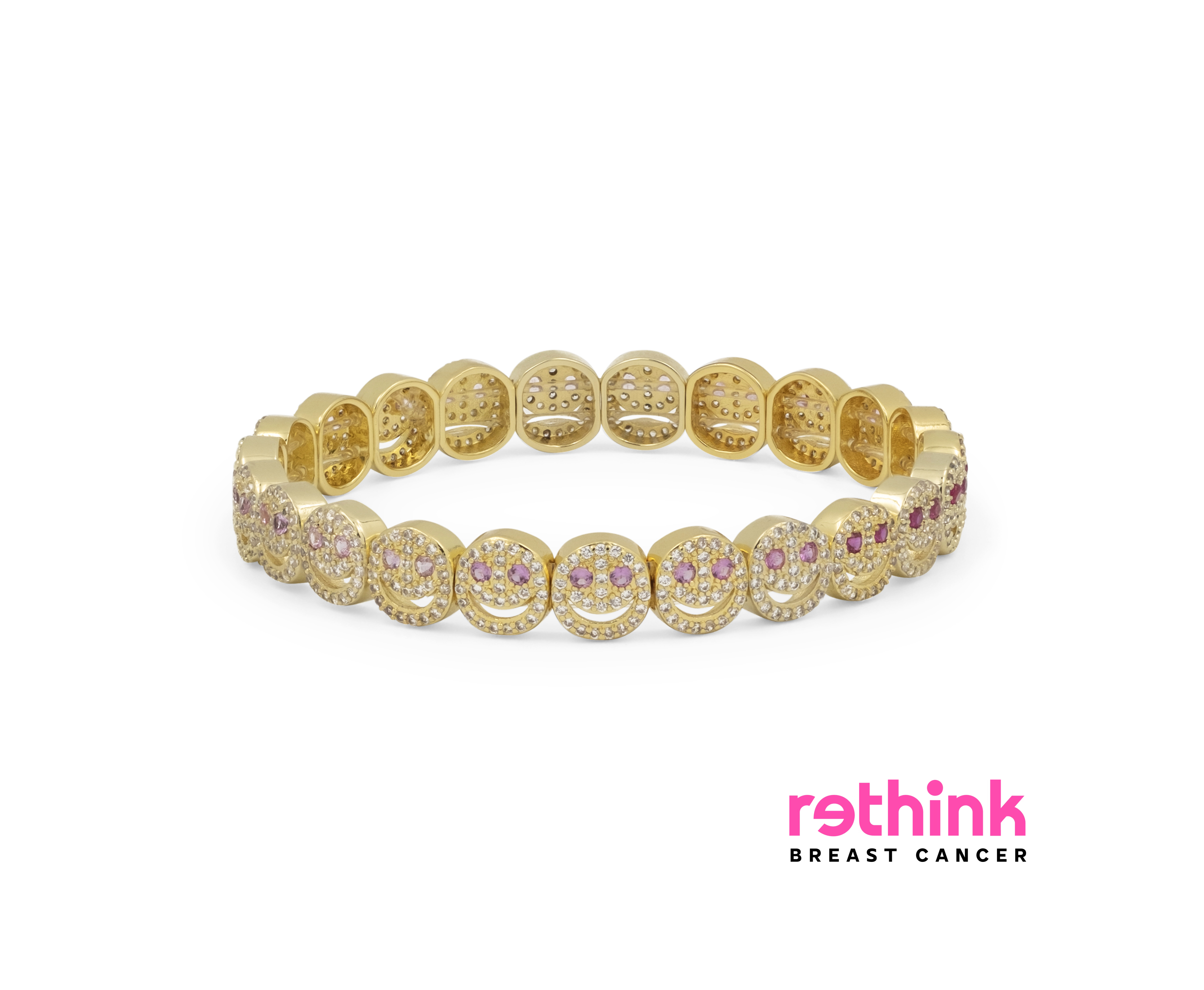 Yellow gold pavé bracelet with oval links and pink stone accents