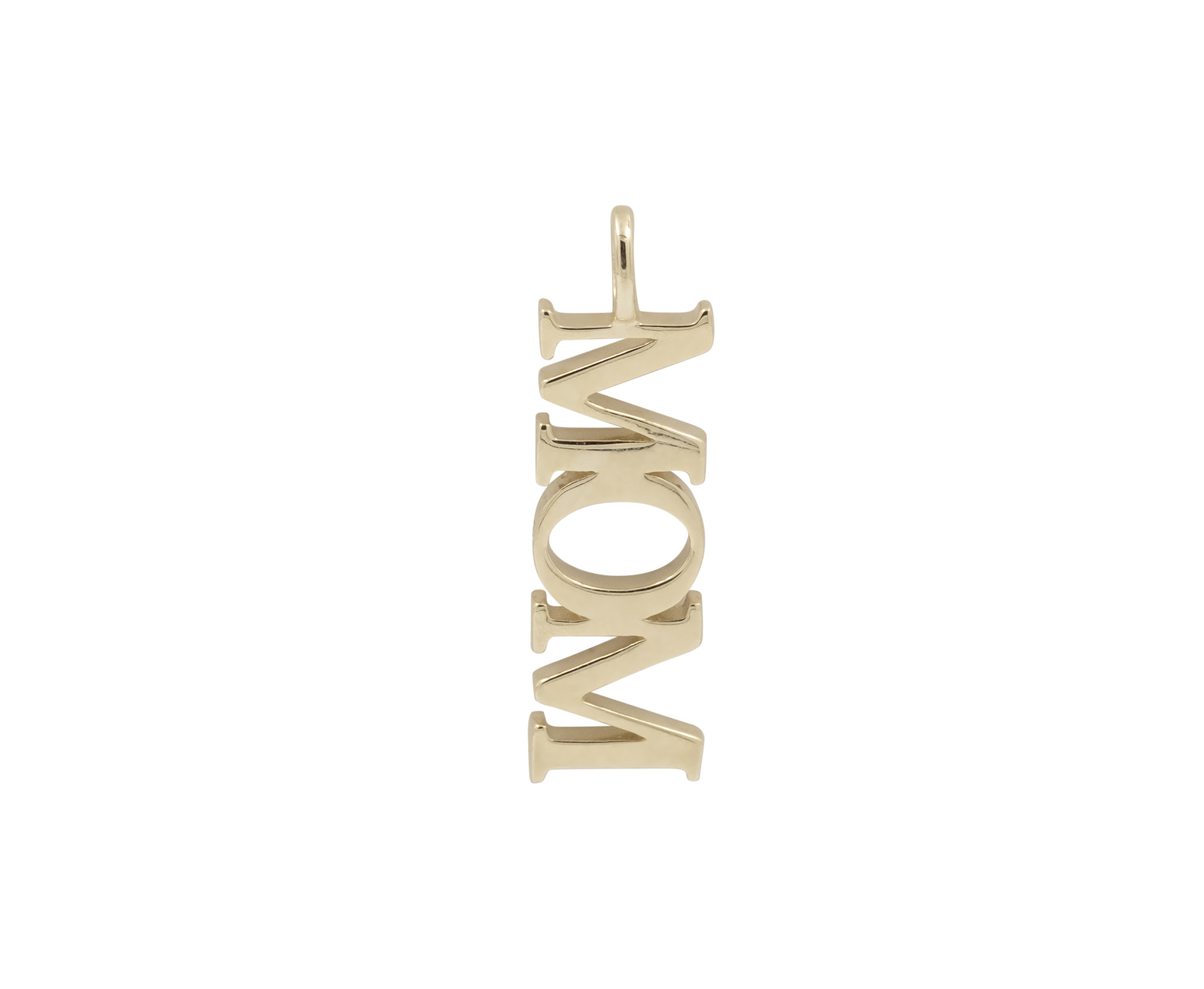 Gold 'MOM' pendant on a white background