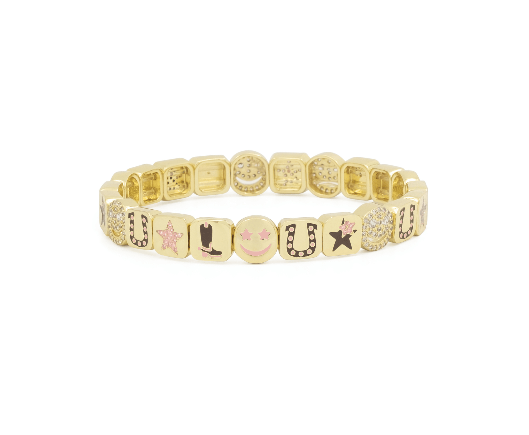 Gold bracelet with various charms on a white background