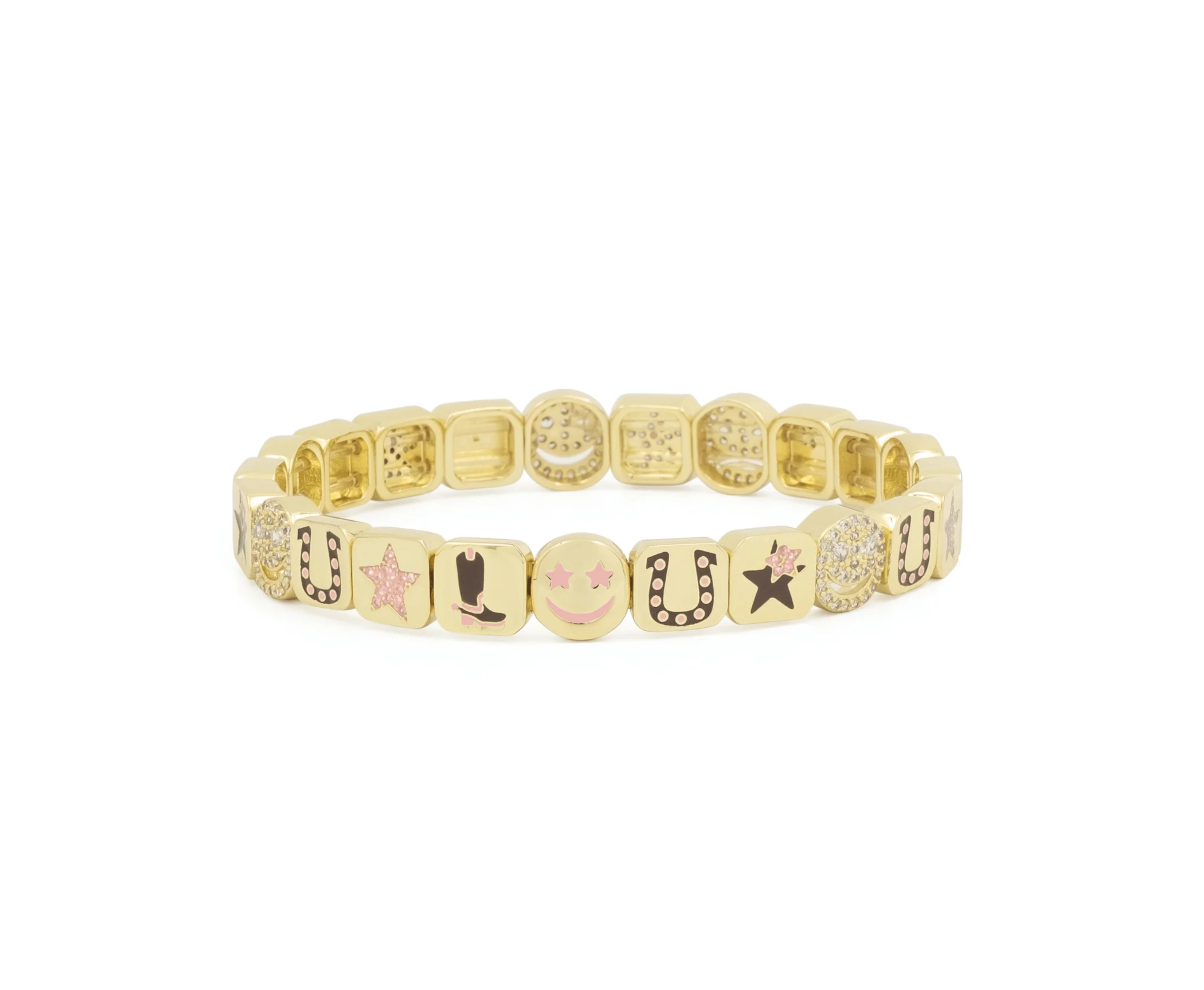 Gold bracelet with various charms on a white background