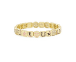 Gold bracelet with various charms on a white background