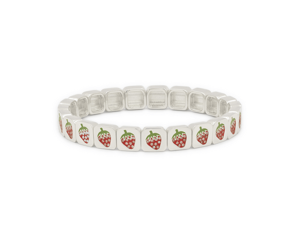 Womens silver bracelet with strawberry pattern on a white background