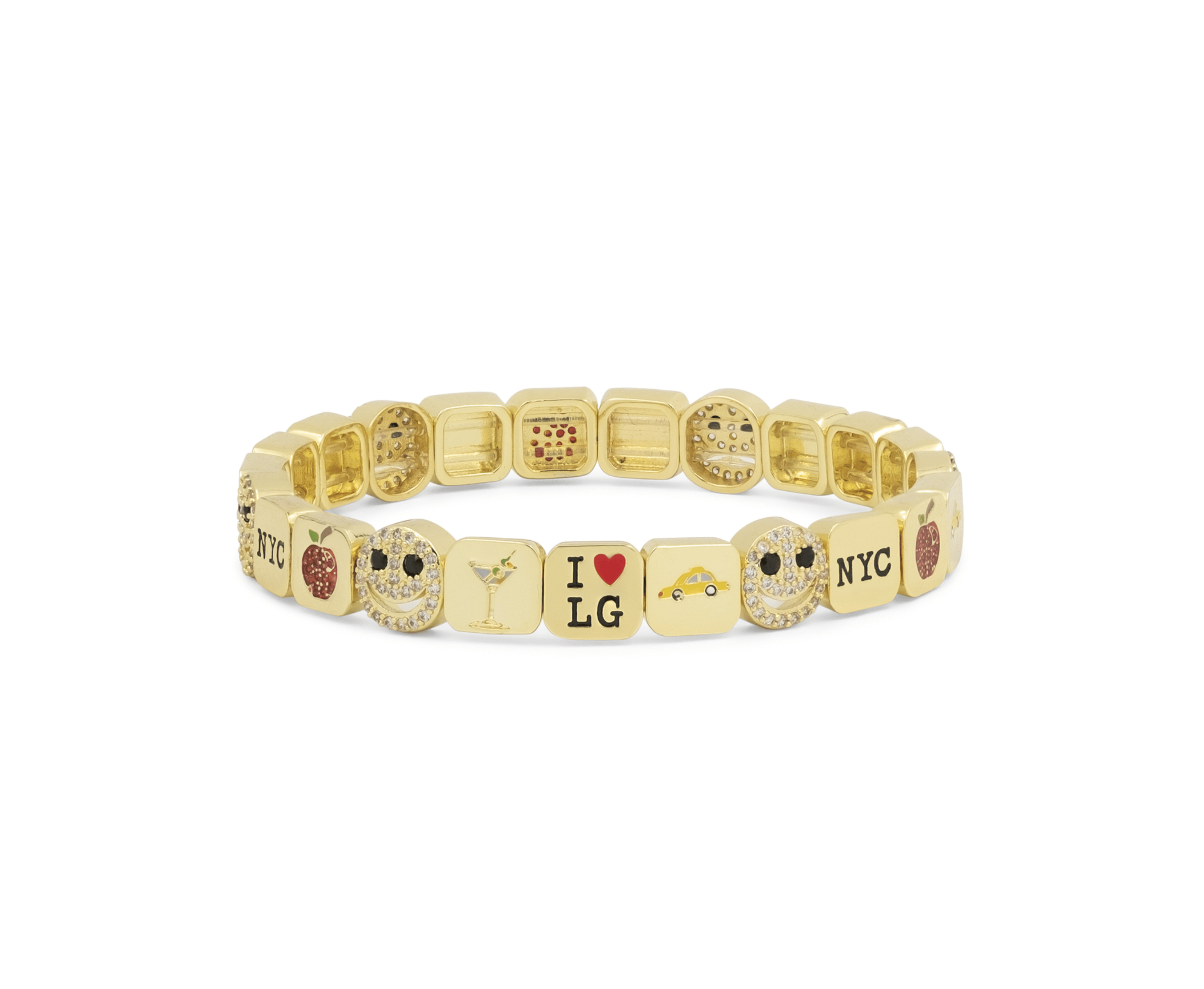 Gold bracelet with various charms on a white background
